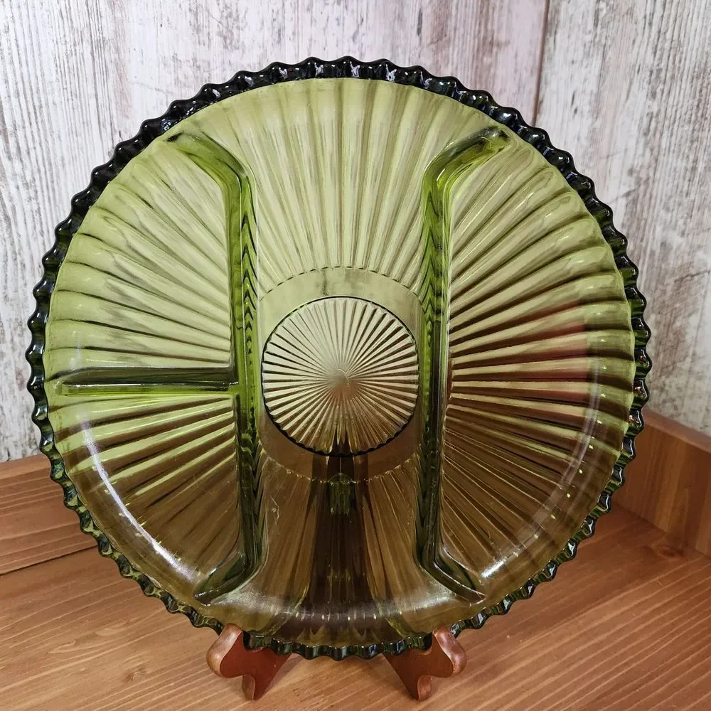 1978 Indiana Glass Olive Green Divided Relish Plate / Cheese Plate - 10”